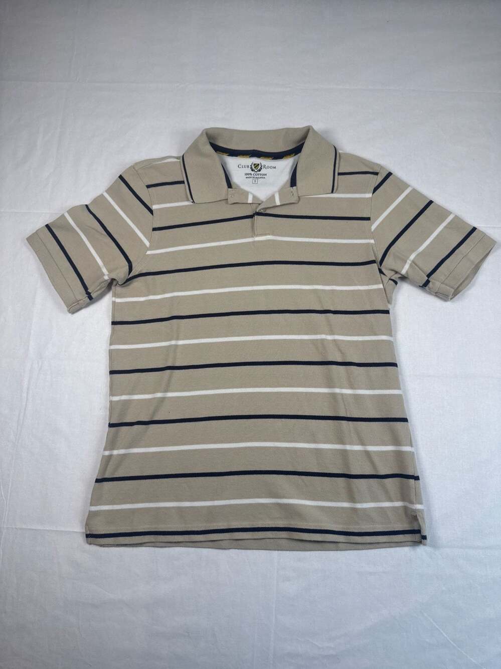Club Room Men's Striped Short Sleeve Polo Shirt Tan White Navy Size S